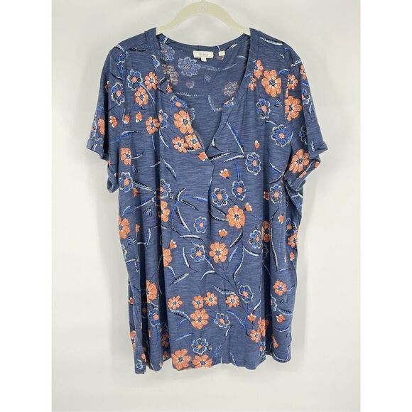 Fat Face Womens Indigo Blue Floral Tunic Top V Neck Linen Blend Size US 14 EUC - Picture 1 of 8